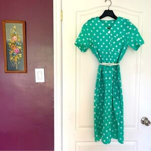 Vintage cotton tea dress or garden dress green with white polka dots